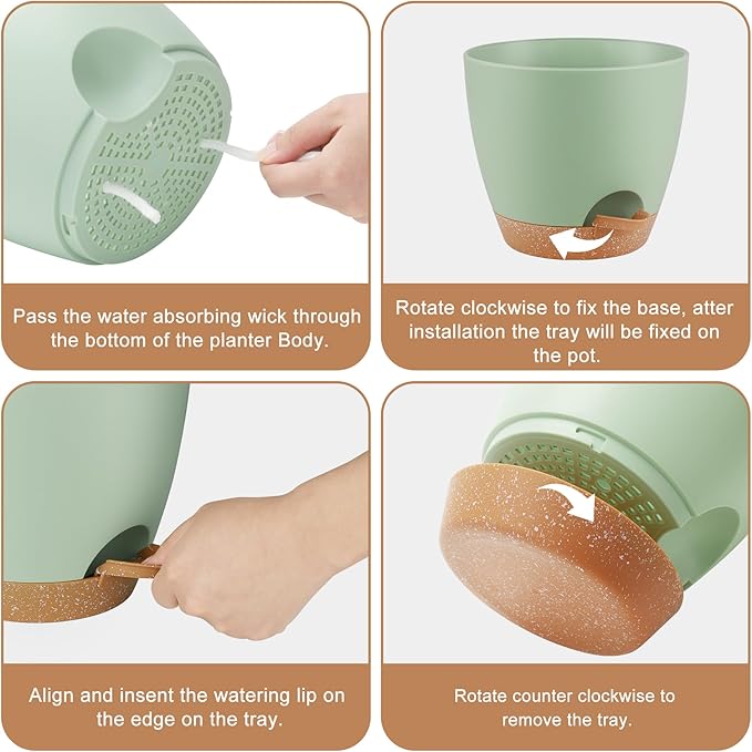 QRRICA Plant Pots 8/7/6.5/6/5.5/5 Inch Self Watering Pots, Set of 6 Plastic Planters with Drainage Holes and Saucers,Plastic Flower Pots,Nursery Planting Pot for Indoor Out Door Plants（Green）