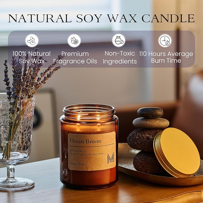 M&SENSE Oceanic Breeze Home Scented Candle | 19.4oz, 117-Hour Burn | Natural Organic Soy Wax | Long-Lasting for Stress Relief and Gifting | for Bedroom，Relaxing SPA，Office
