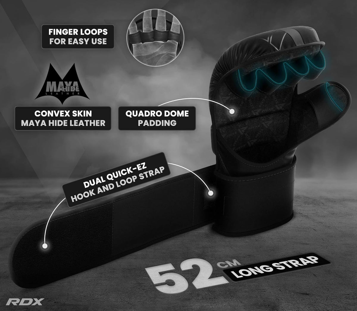 RDX MMA Gloves - Hybrid Open Palm Martial Arts Mitts for Men & Women | Maya Hide Leather, Wrist Support