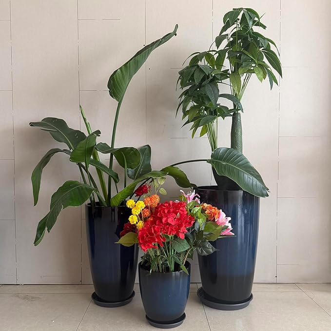 24/21/11 Inch Tall Planter Pots Garden Plastic Planters - Set of 3 for Indoor & Outdoor Use - Decorative Lightweight Flower Pots