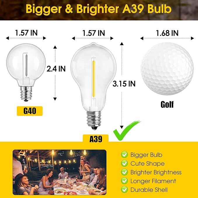 100FT LED Outdoor String Lights, Waterproof Patio Lights with 42 Shatterproof Dimmable 2700K A39 Bulbs Hanging Lighting for Outside Backyard