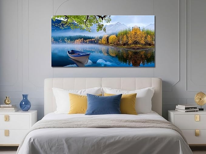 Arjun Landscape Wall Art for Living Room Lake Canvas Blue Picture Bedroom, Summer Nature Boat Artwork Modern Nature Painting Framed Large Home Office Dining Room Wall Decor 48"x24"