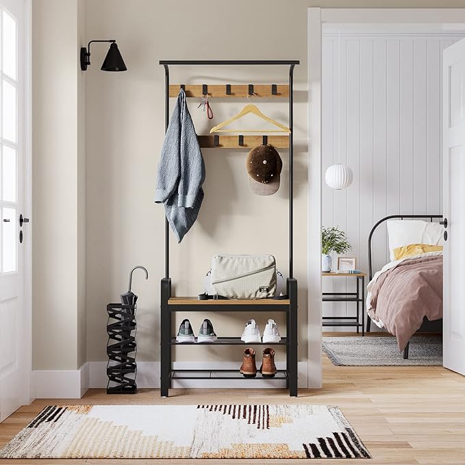 VASAGLE Coat Rack, Hall Tree with Shoe Bench for Entryway, Entryway Bench with Coat Rack, 4-in-1, with 9 Removable Hooks, a Hanging Rod, 13.3 x 28.3 x 72.1 Inches, Honey Brown and Black UHSR040B05