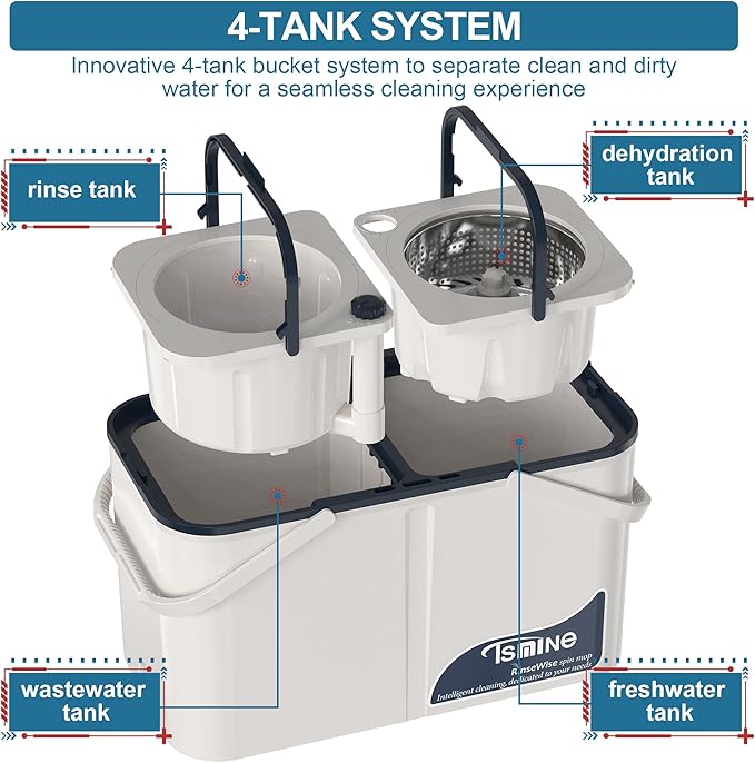 Gen 1 Large-Capacity Spin Mop and Bucket – for Big Homes & Deep Cleaning Days,4-Chamber System Separates Dirty & Clean Water, 2-GAL Heavy-Duty Design with Wheels & 10 Refill Mop Heads - White/Blue