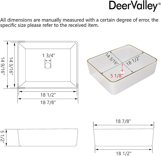 DeerValley 19x15 Inch Rectangular Vessel Sink, White Ceramic Bathroom Sink with Gold Trim, Above Counter Modern Basin, DV-1V0365