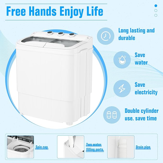 SUNCROWN Portable Washing Machine 17.6lbs, Compact Twin Tub Semi Automatic Washer, Energy-Saving Mini Laundry Combo with Extended Drain Hose & Pump for Apartments, RV, Dorms, White & Grey