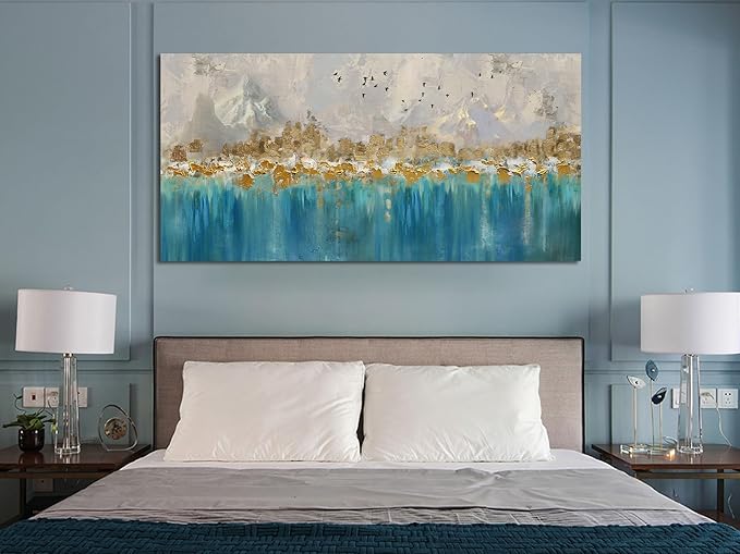 Arjun Teal Gold Abstract Wall Art Blue Turquoise Hand Painted Textured Painting Canvas Modern Grey Artwork Wooden Framed for Living Room Bedroom Bathroom Home Office Wall Decor, Extra Large 58"x29"