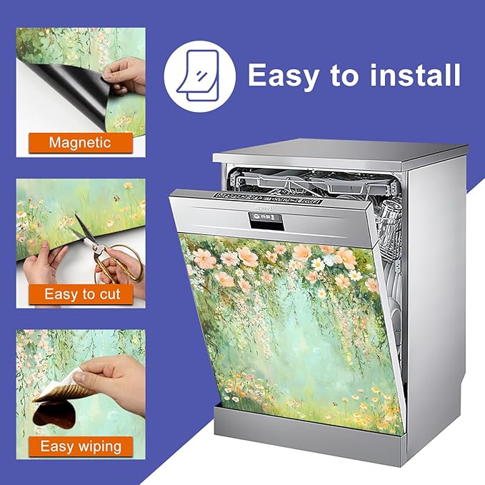 Dishwasher Magnet Cover 23x26 in Soft Peach Blossoms and Wildflowers on Aqua Canvas Magnetic Dishwasher Cover for Kitchen Appliance Decoration Front Panel Sticker Panel Home Decor