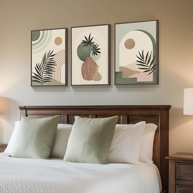 Framed Sage Green Boho Wall Art Bedroom, 3 Piece Neutral Bohemian Botanical