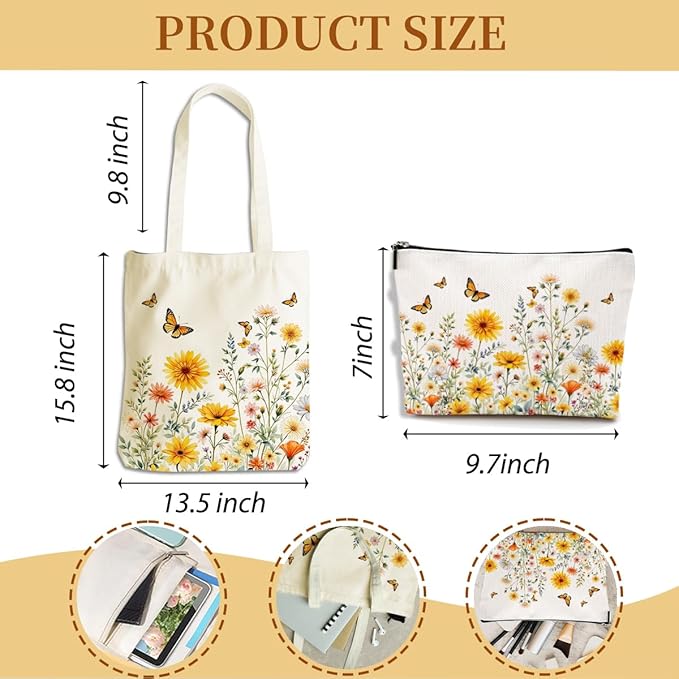 Flower Plant Lover Gifts for Women Canvas Tote Bag with Makeup Bag Cosmetic Bags Grocery Bags for Shopping Christmas