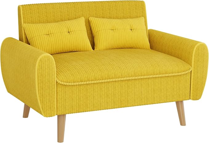 Shintenchi 47" Small Modern Loveseat Couch Sofa, Fabric Upholstered 2-Seat Sofa, Love Seat Furniture with 2 Pillows, Wood Leg for Small Space, Living Room, Bedroom, Apartment, Yellow