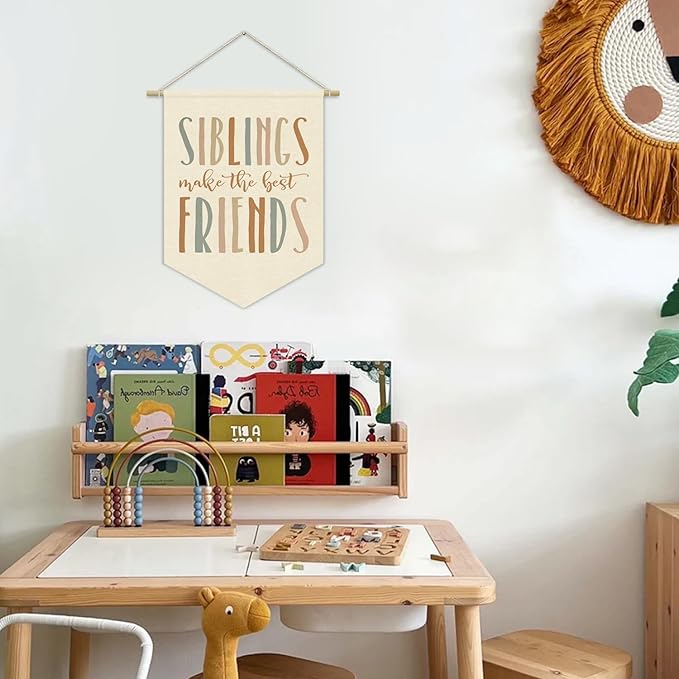 Kids Room Decor, Siblings Make the Best Friends Linen Canvas Banner, Kids Playroom Wall Hanging Pennant Flag Banner for Boys Girls Nursery Toddler Bedroom Play Room Decor, 15x11in