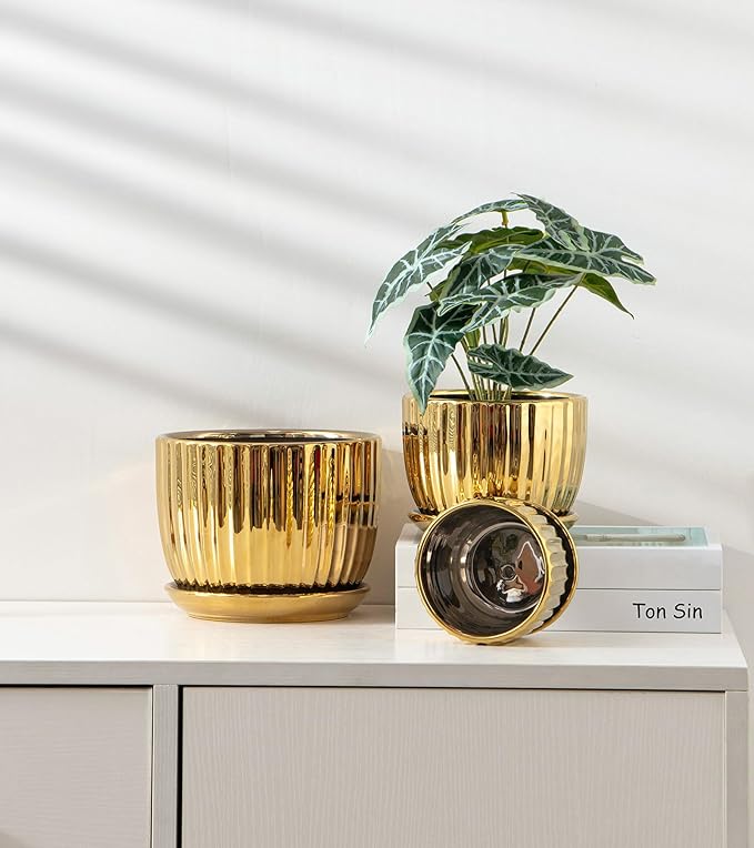 Ton Sin Gold Plant Pots,4.1+5.1+6.5 Inch Ceramic Succulent Planters Set of 3,Indoor Flower Pot with Drainage,Handmade Decorative Ceramic Orchid and Herb Pots(Gold)