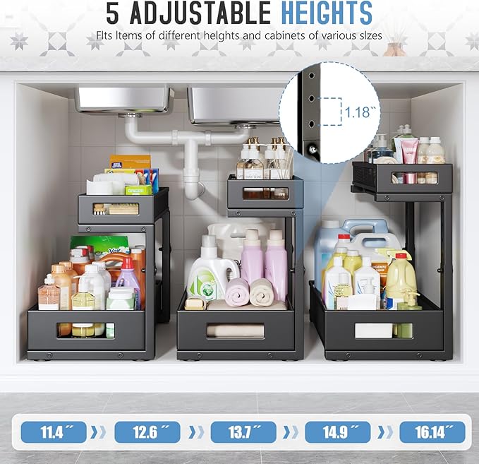 1 Pack 17IN Depth Under Sink Storage Organizer, Large 2-Tier Elegant Mesh Pull Out Shelf for Kitchen and Bathroom Cabinet Organization, L-Shaped and Adjustable Height Design-Black