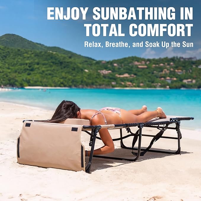 VILLEY Oversized Chaise Lounge Chair with Face Hole, Adjustable Reclining Beach Chair, Portable Tanning Chair, Outdoor Folding Sunbathing Chair for Patio Lawn Beach Pool