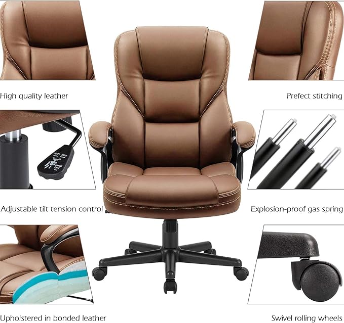 Furmax Office Executive Chair High Back Adjustable Managerial Home Desk Chair, Swivel Computer PU Leather Chair with Lumbar Support (1, Light Brown)