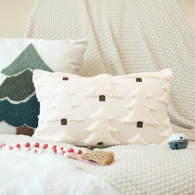 GEEORY Christmas Pillow Covers 12x20 Inch Set of 2, Christmas Decorations Xmas Tree Soft Plush Fluffy Faux Fur Decorative Throw Pillows Farmhouse Winter Cushion Case Beige Brown GC034-12