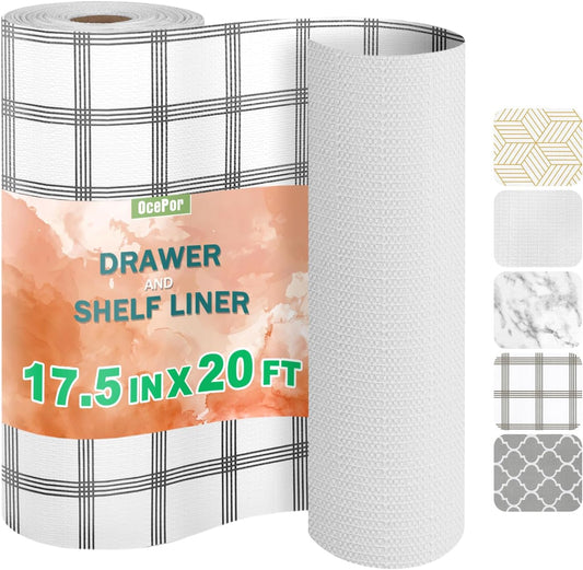 OcePor Non-Adhesive Drawer and Shelf Liner 17.5IN x 20FT，Non Slip Cabinet and Cupboard Liner, Kitchen Cabinet Liners for Shelves, Waterproof Drawer Shelf Liners for Cabinets/Bathroom Cupboard,Stripe