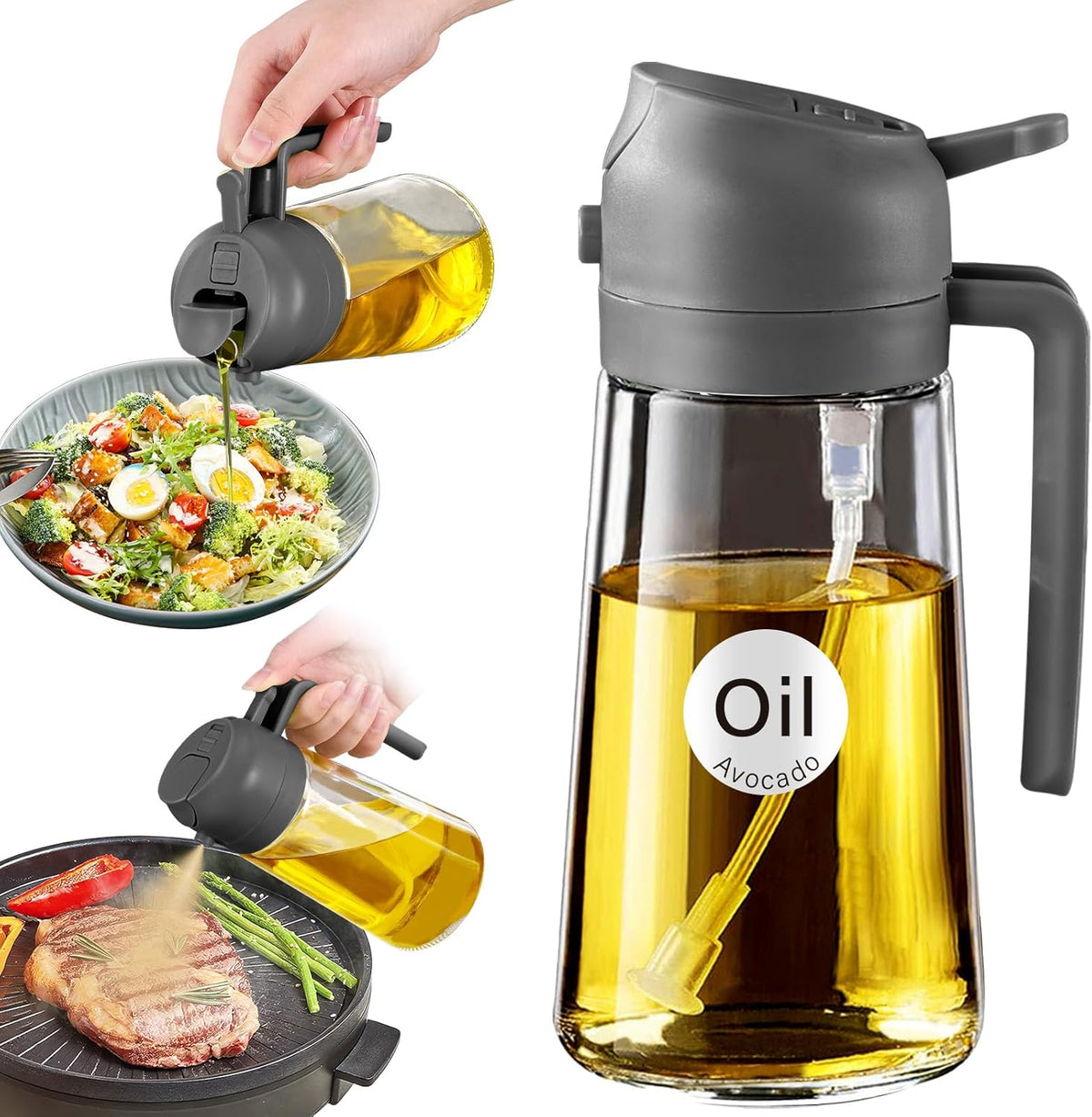 YARRAMATE 16oz/470ml Oil Sprayer for Cooking with Stickers, Food-grade Premium 2 in 1 Olive Oil Dispenser Bottle for Kitchen Gadgets, Air Fryer, Salad, Frying, BBQ (Gray)