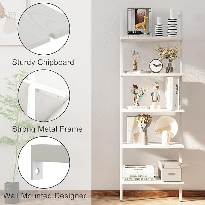 aboxoo Ladder Shelf 2 PCS White Bookshelf 5-Tier Wooden Open Shelf Wall-Mounted