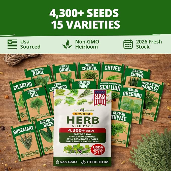 HOME GROWN Herb Seeds for Planting 15-Pack Massive Seed Count 4,300+ Seeds Non-GMO Heirloom | Extra Large | Culinary Herb Kit, Indoor Outdoor & Hydroponic | Grow Your Own Herbs | Gardening Gift