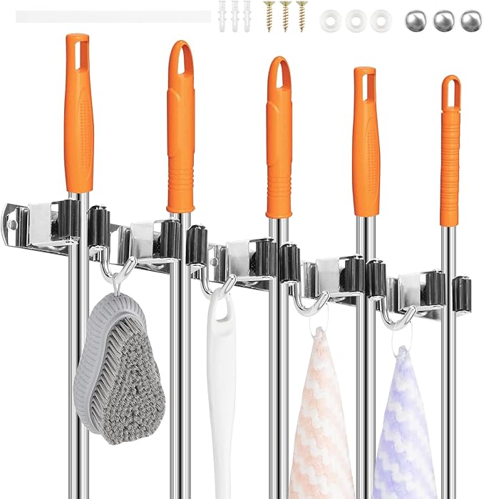 2Pcs 5 Racks 4 Hooks Stainless Steel Broom Mop Holder Anti Slip Wall Mount Broom Storage Rack Strong Load Bearing Waterproof Mop Broom Organizer for Bathroom Kitchen Garage