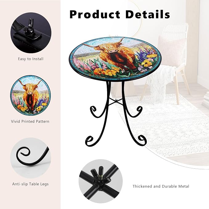 18" Outdoor Side Table, Highland Cattle Round Accent Table, Metal Indoor Small End Tables, Plant Stand Tables for Patio Yard Balcony Garden Bedside