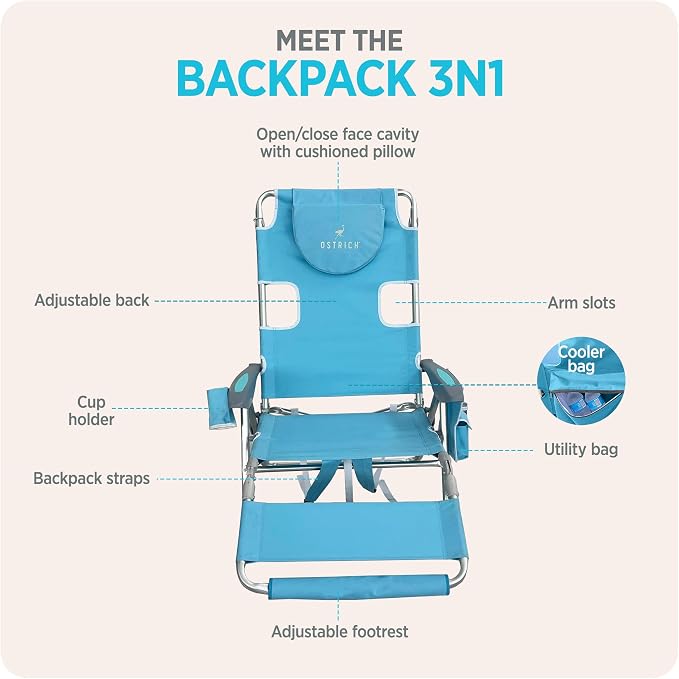 Ostrich the Backpack 3N1 Portable Chair with Cooler Bag and Reclining Lounger for Tanning, Camping, Beach, and Outdoor Essential, Light Blue