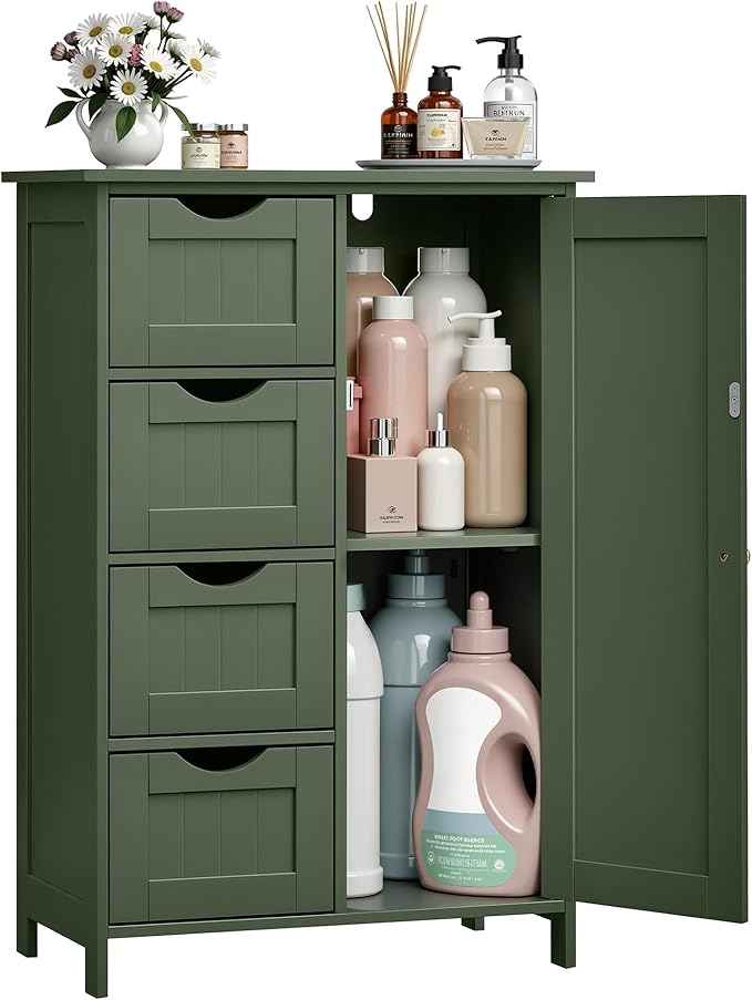 VASAGLE Storage Cabinet with Drawers, Freestanding Floor Cabinet with Door, 11.8 x 21.7 x 32.3 Inches, Adjustable Shelf, for Bathroom, Living Room, Kitchen, Forest Green ULHC041CH01S
