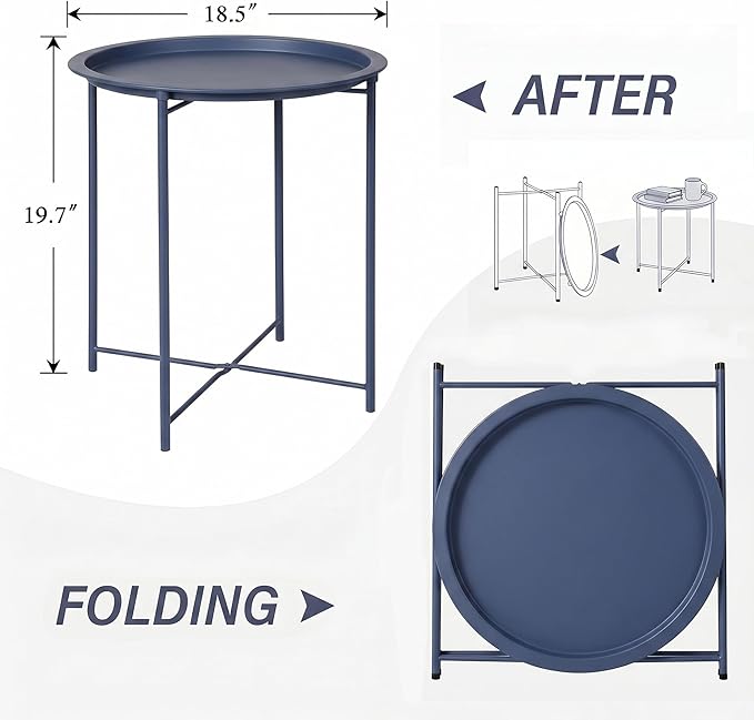 VECELO Side/End Table, Folding Round Metal Anti-Rust and Waterproof Outdoor or Indoor Tray for Living Room Bedroom Balcony and Office, 1 PCS, Blue