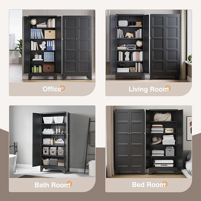 Yizosh Metal Pantry Cabinet,- 72" Black Kitchen Pantry Storage Cabinet with Doos and Adjustable Shelves for Kitchen, Living Room,Dining Room,Home