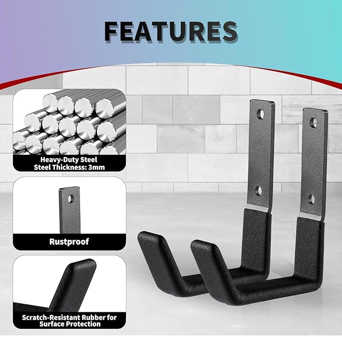 Heavy Duty Wall Mount Hooks, Utility Hooks, Tool Organizer - Steel Garden/Garage Hose Hanger U Hooks (2, Small)