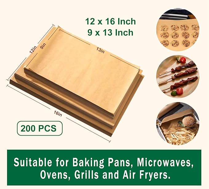 200pcs Unbleached Parchment Paper Sheets, 9x13In Precut Cooking Paper Liners for Baking Sheets, Air Fryer, Microwave, Grilling, Oven, Non-Stick,Non-Toxic, Oil Proof, Food Grade