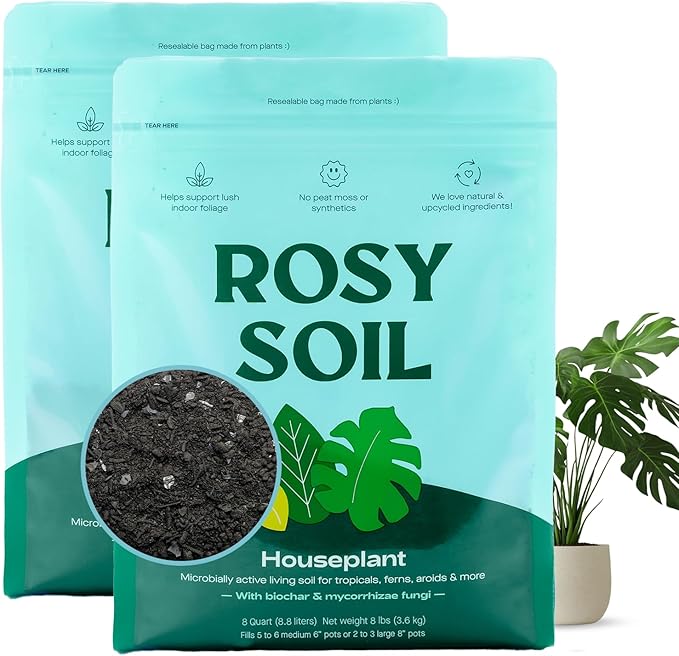 Rosy Soil Houseplant Potting Soil - 2 x 8 qrt, Organic Indoor Potting Mix with Biochar and Worm Castings for Monstera, Pothos, Tropical Indoor Plants - Peat Free - 8qt, Pack of 2