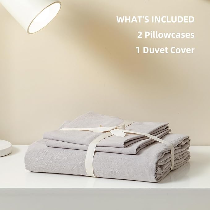 JIYUAN 100% Washed Cotton Duvet Cover Set 3 Pieces Super Queen, 1 Duvet Cover 90x98 Inches(Comforter Not Included) and 2 Pillowcases,Linen Feel Bedding Set Comfy and Breathable, Heathered Linen