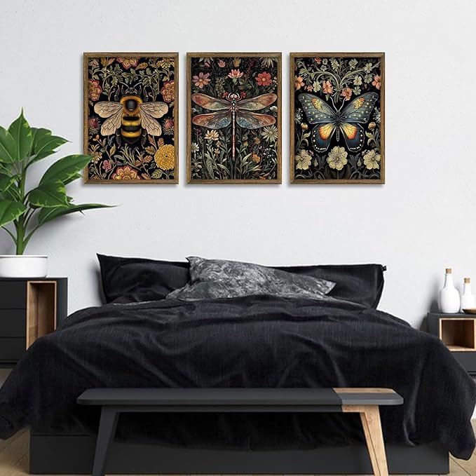 3 Pcs Framed Retro Insect Wall Art Decoration Paintings
