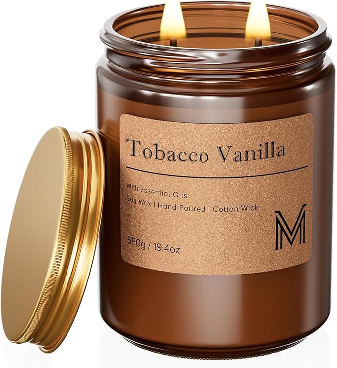 M&SENSE Tobacco Vanilla Home Scented Candle | 19.4oz, 115-Hour Burn | Natural Organic Soy Wax | Long-Lasting for Stress Relief and Gifting | for Bedroom，Relaxing SPA，Office