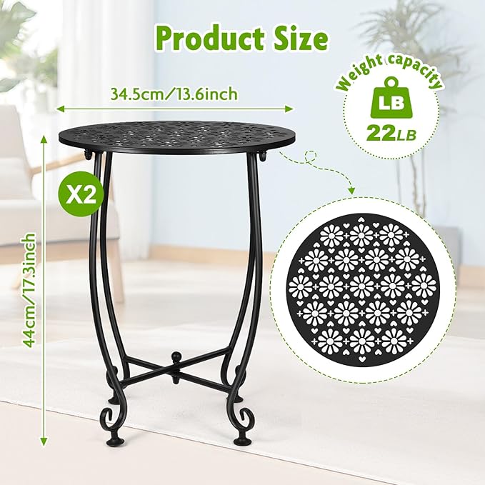 2 Pack 14 Inch Outdoor Side Tables for Patio, Weather Resistant Round Coffee Table,Plant Stand,Small Round Outdoor End Table for Patio,Yard Porch Balcony Garden