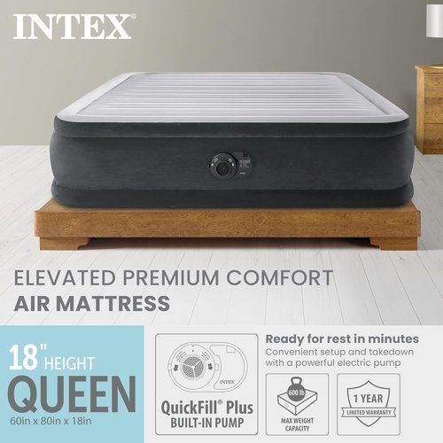 Intex Dura-Beam Deluxe Comfort-Plush Elevated Air Mattress - Queen Size with Built-in Electric Pump | 18" Height, 600lb Capacity