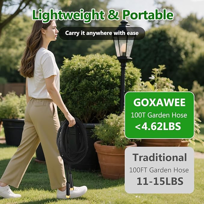 Garden Hose100FT, Lightweight & Flexible Water Hose,Non-Expanding,3/4" GHT Leak-Proof Metal Fittings, Non-Expanding, Kink-Free, Portable, Wear-Resistant for Yard, Lawn, Garden Use