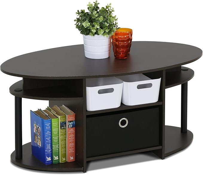 Furinno Jaya Simple Design Oval Coffee Table with Bin for Living Room, Walnut