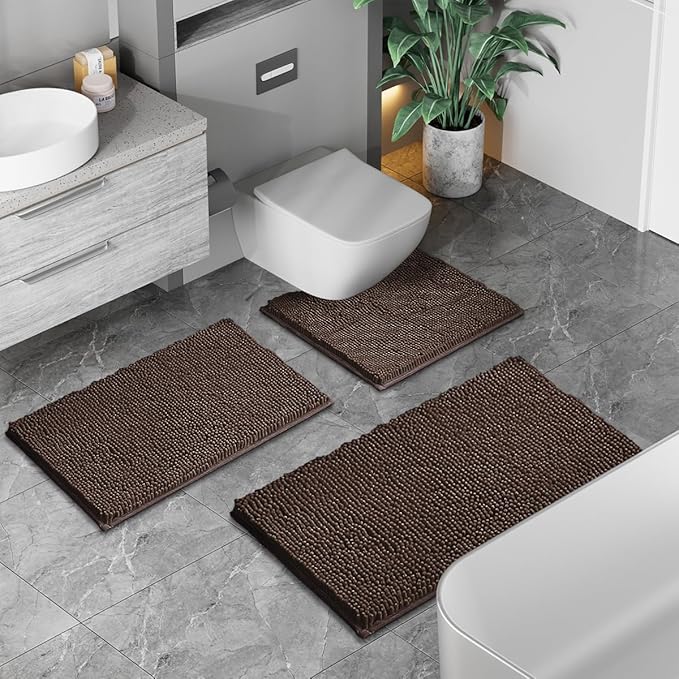 Bath Rug Set 3 Piece Luxury Chenille Extra Soft and Absorbent Shaggy Bathroom Mat Rugs, Machine Washable, Non-Slip Plush Carpet Runner for Tub, Shower, (Brown) Home Decor Bathroom Accessories