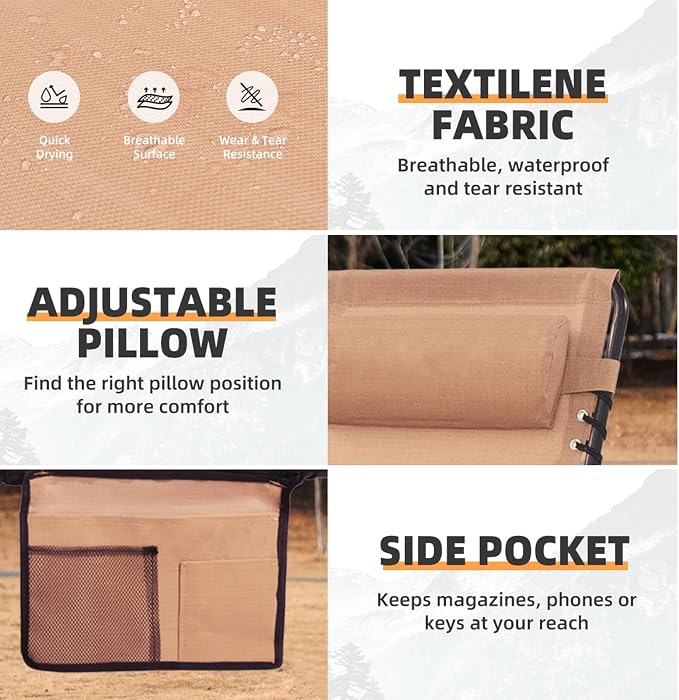 Patio Lounge Chair 2 PCS Folding Chaise Bed - Heavy-Duty 400lb Capacity Portable Adjustable Recliner w/Pillow for Pool, Camping, Sunbathing - Lay Flat Design (Beige)