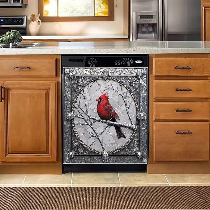 Cardinal Magnet Dishwasher Door Cover Retro Silver Gray Vinyl Panel Decal, Refrigerator Magnetic Skins Cover Reusable Dishwasher Sticker, 23" x 26" Magnetic