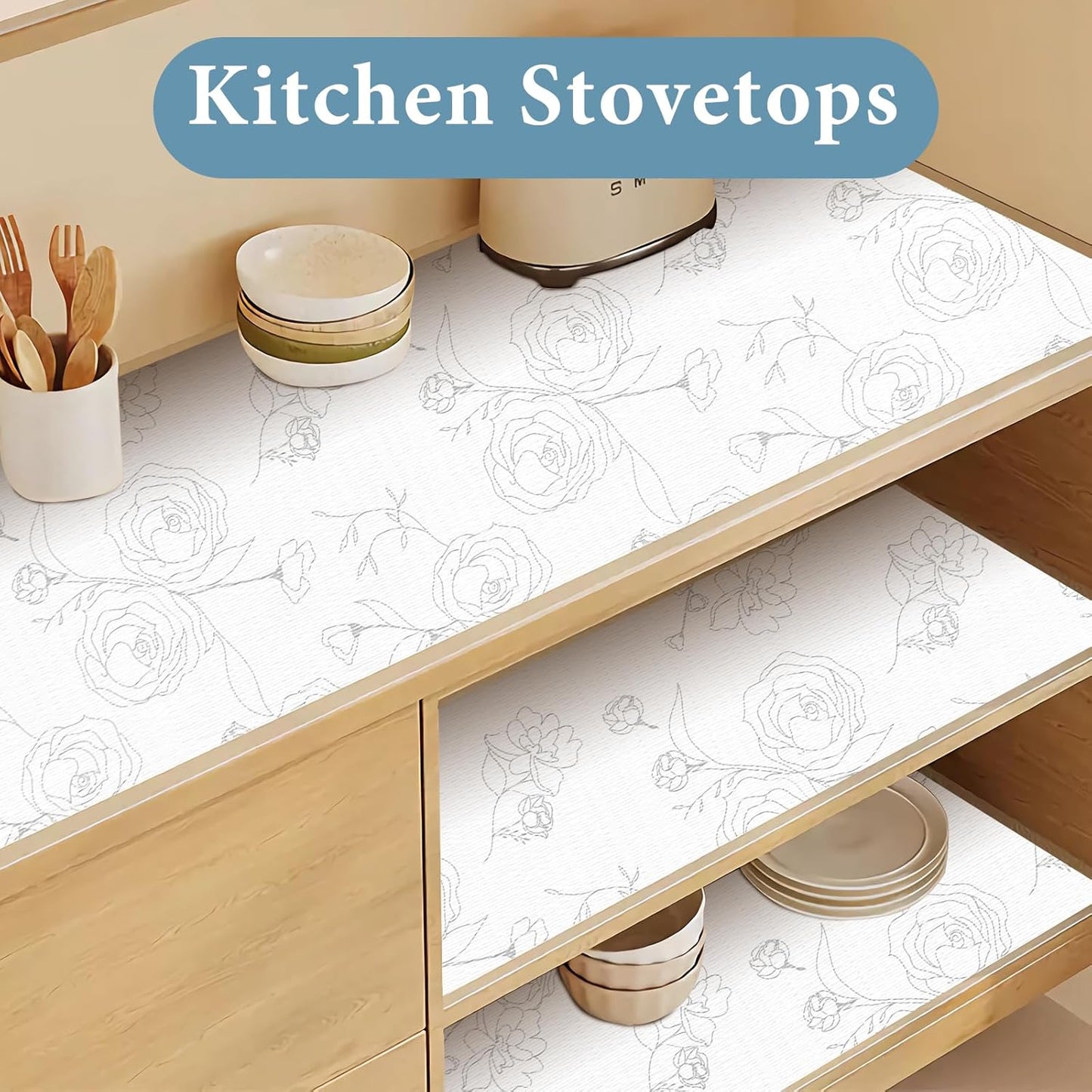 Shelf Liners for Kitchen Cabinets 12in x 30FT Non Adhesive Drawer Liner Sliver Floral Thickened Shelf Liner Paper Strong Non-Slip Easy to Clean for Tool Box Refrigerator with Knife and Tape Measure