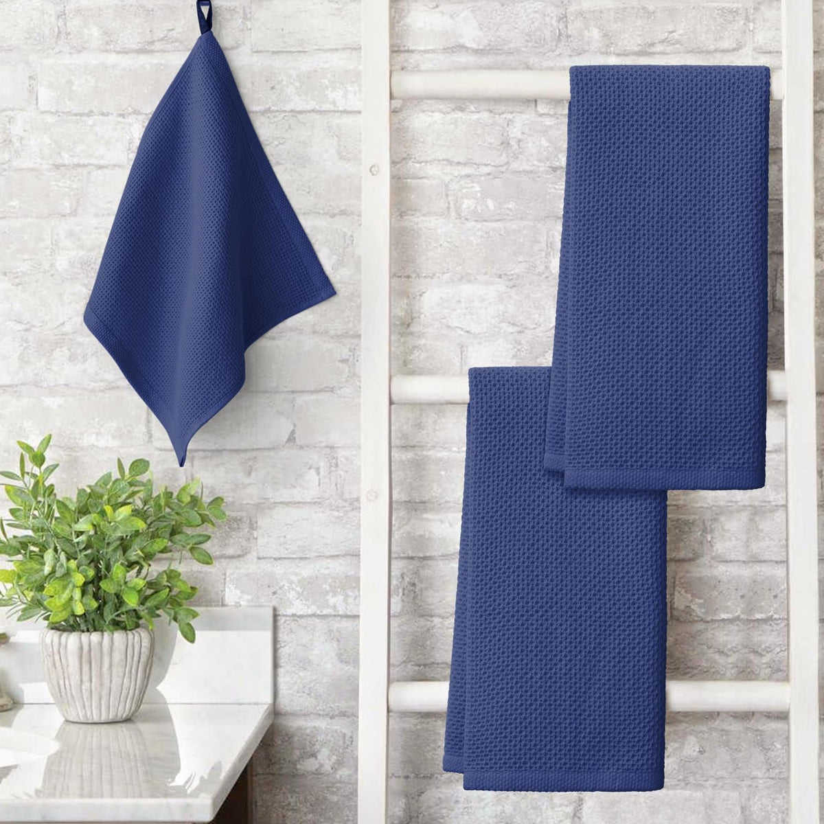 Artoid Mode 100% Cotton Navy Blue Waffle Weave Kitchen Dish Cloths, 13x28 Inch Ultra Soft Absorbent Quick Drying Kitchen Dish Towels Set of 4