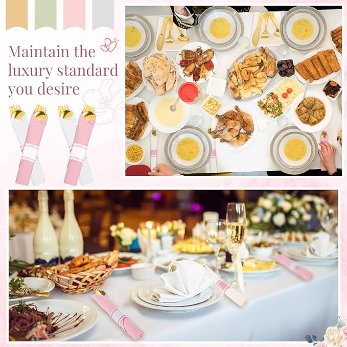 Lasnten 50 Pcs Pre-rolled Pink White Gold Plastic Silverware Set Disposable Plastic Cutlery Set with 50 Napkins, 50 Knives, 50 Forks and 50 Spoons for Wedding Birthday Parties
