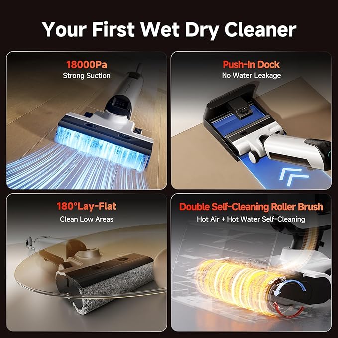 uwant Wet Dry Vacuum Cleaner 180°Lay-Flat Push-in Vacuum Mop All in One with 18000Pa Suction Auto Self-Cleaning Anti Odor Stick Dual-Edge Vacuum Cleaner Set of 1 for Hard Floor/Carpet D100