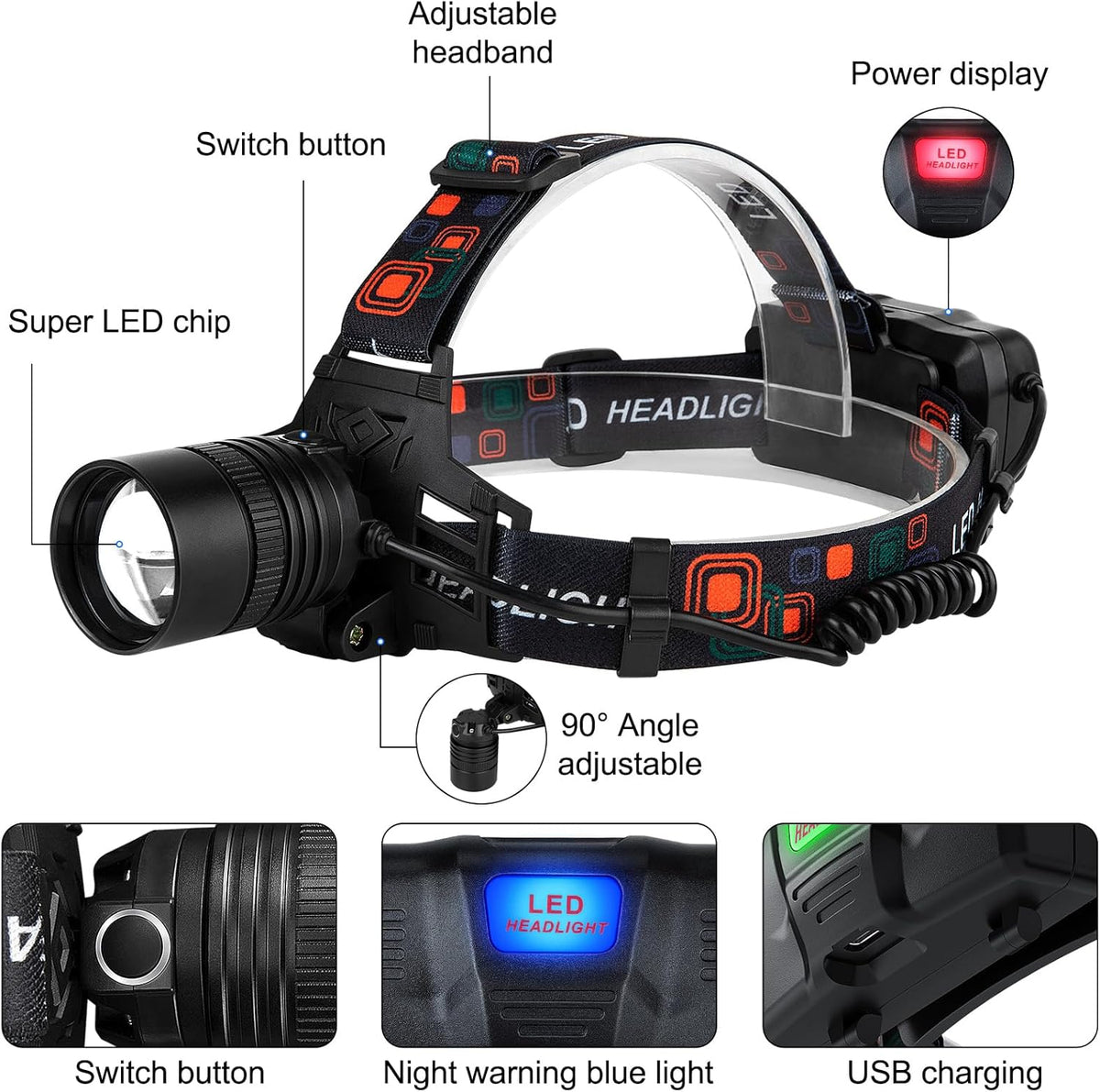 Skiennix Rechargeable Headlamp - 99,000 Lumens Super Bright LED | 3 Modes, 90° Adjustable, IPX6 Waterproof, 45H Runtime