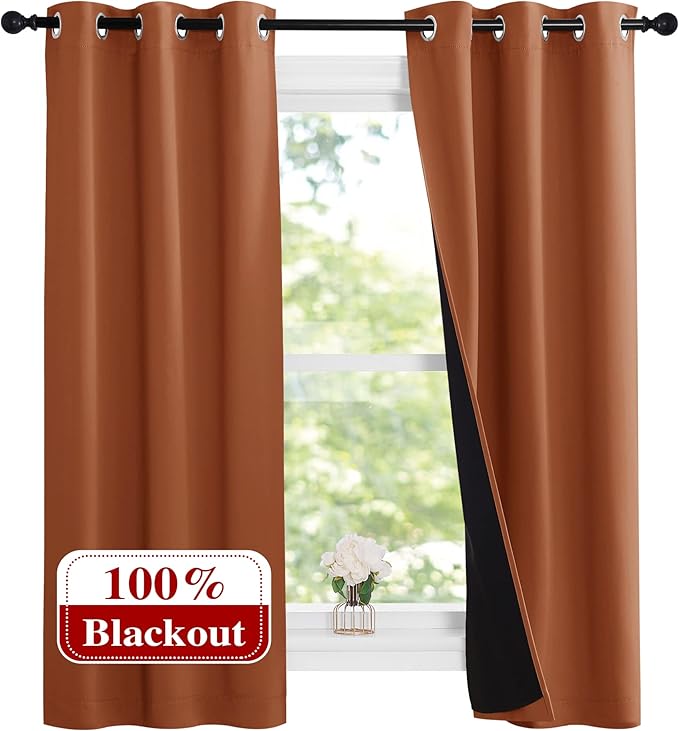 NICETOWN Burnt Orange 100% Blackout Lined Curtains, 2 Thick Layers Narrow Wide